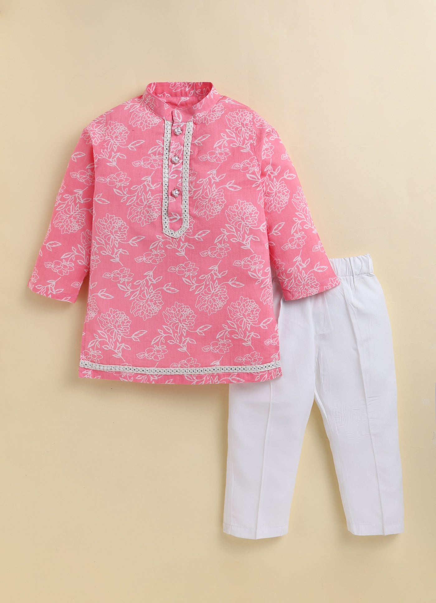Boys Pure Cotton Woven Super Soft Jaipuri Floral Printed Full Sleeve Kurta and Pajama Ethnic Set - Pink