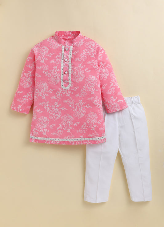Boys Pure Cotton Woven Super Soft Jaipuri Floral Printed Full Sleeve Kurta and Pajama Ethnic Set - Pink
