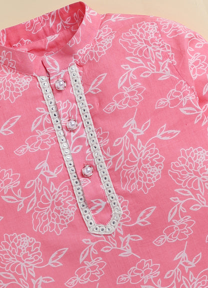 Boys Pure Cotton Woven Super Soft Jaipuri Floral Printed Full Sleeve Kurta and Pajama Ethnic Set - Pink