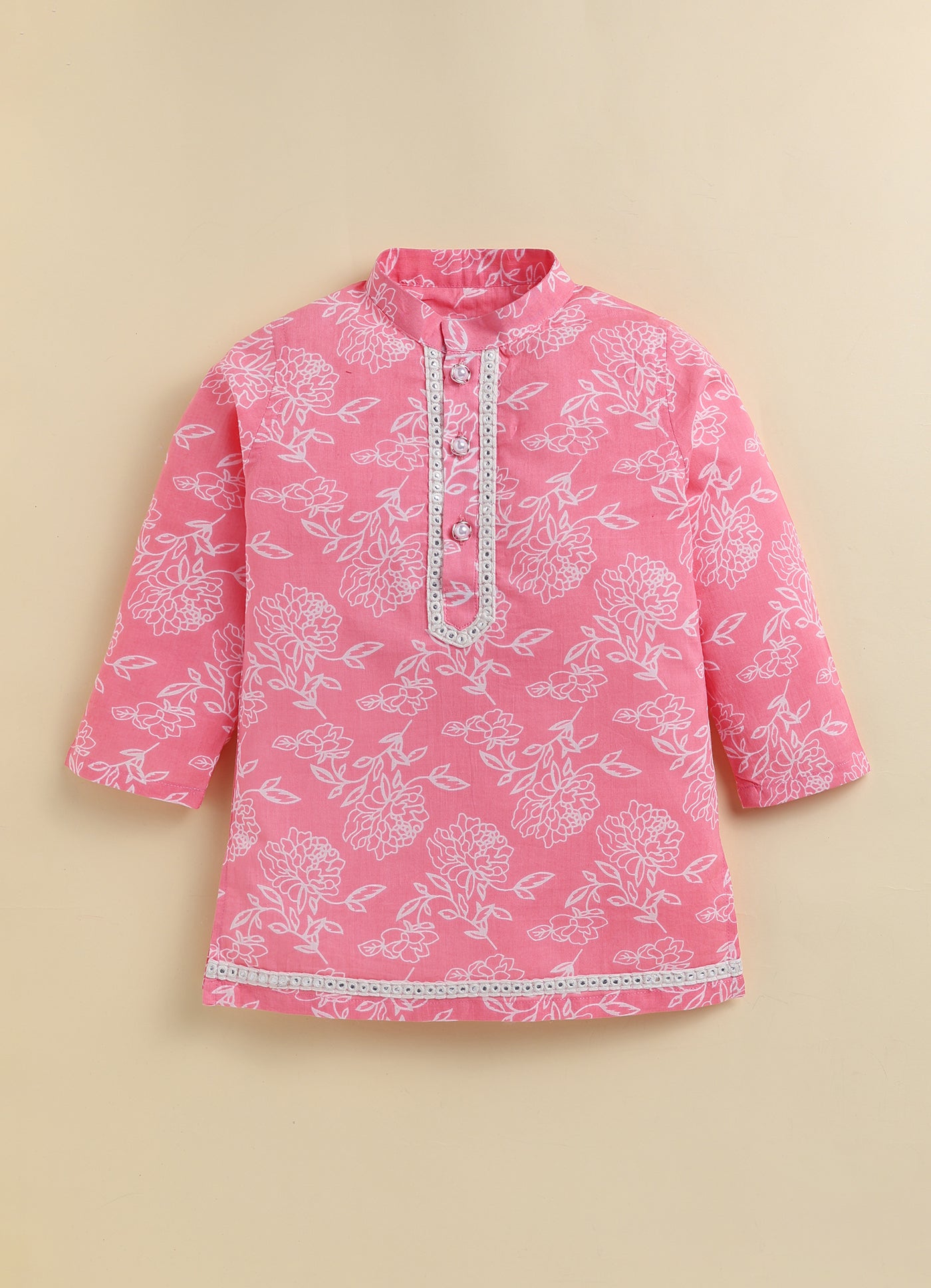 Boys Pure Cotton Woven Super Soft Jaipuri Floral Printed Full Sleeve Kurta and Pajama Ethnic Set - Pink
