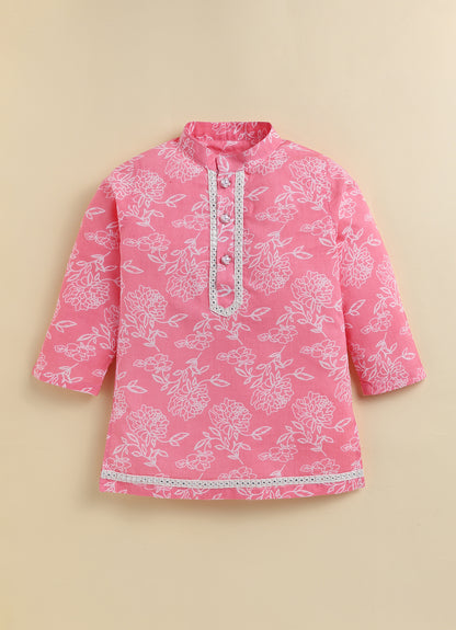 Boys Pure Cotton Woven Super Soft Jaipuri Floral Printed Full Sleeve Kurta and Pajama Ethnic Set - Pink