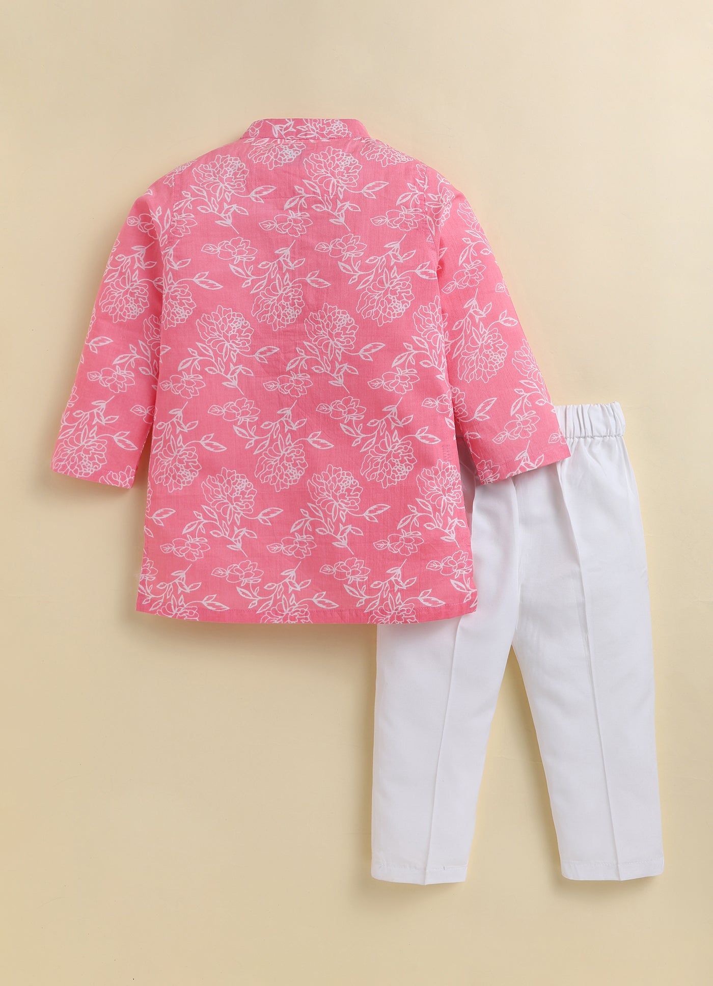 Boys Pure Cotton Woven Super Soft Jaipuri Floral Printed Full Sleeve Kurta and Pajama Ethnic Set - Pink