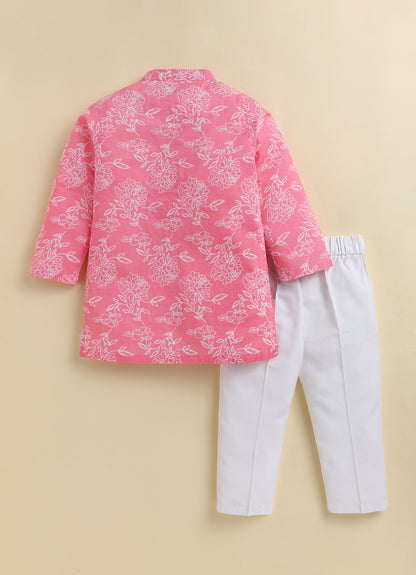 Boys Pure Cotton Woven Super Soft Jaipuri Floral Printed Full Sleeve Kurta and Pajama Ethnic Set - Pink