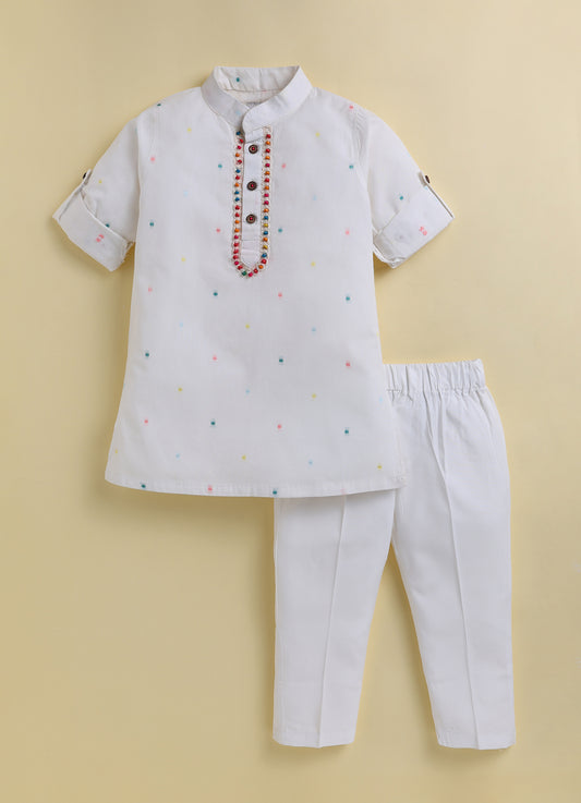 Boys Pure Cotton Woven Multicolour Butta Full Sleeve Super Soft Kurta and Pajama Ethnic Set - White