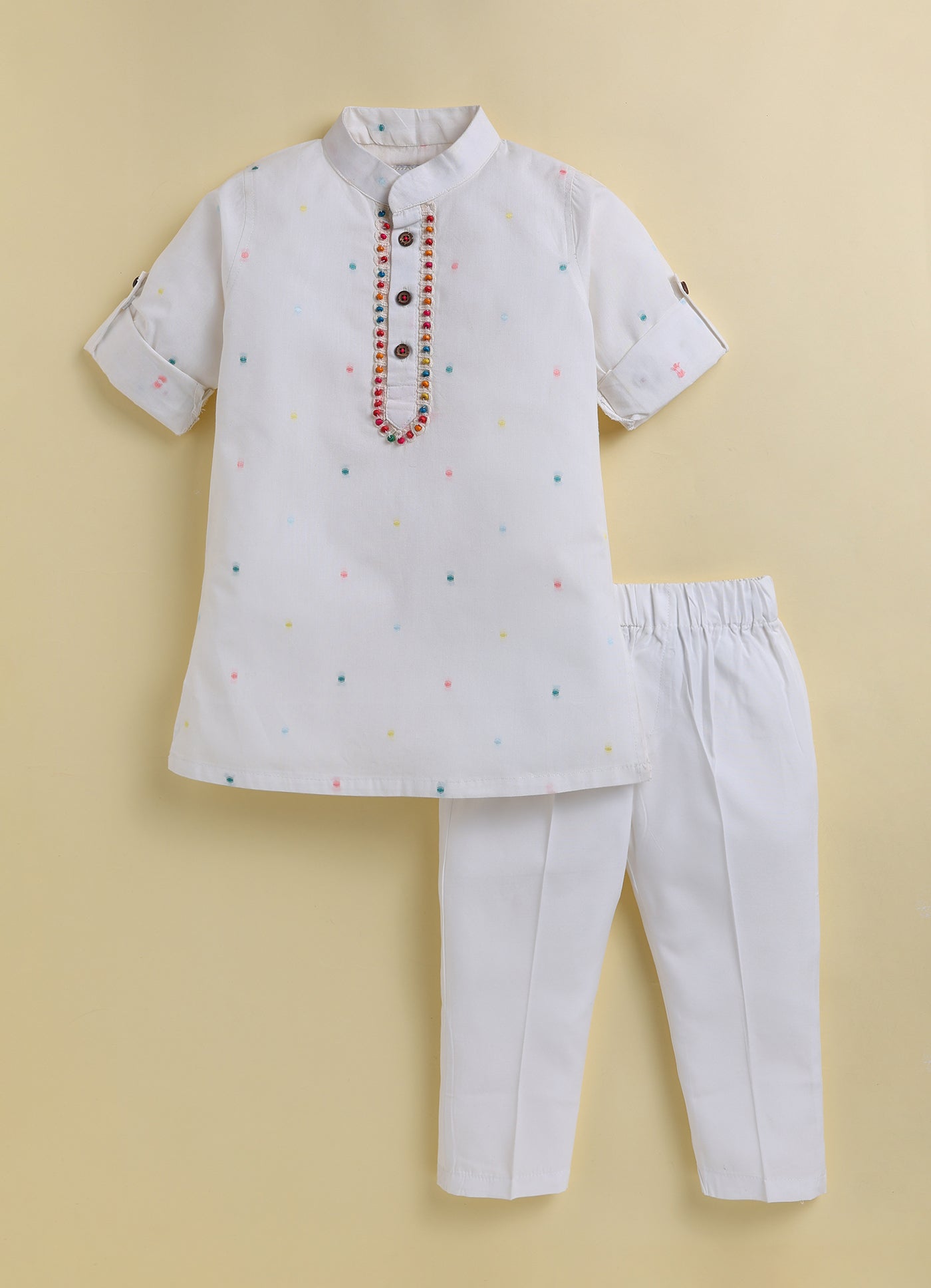 Boys Pure Cotton Woven Multicolour Butta Full Sleeve Super Soft Kurta and Pajama Ethnic Set - White