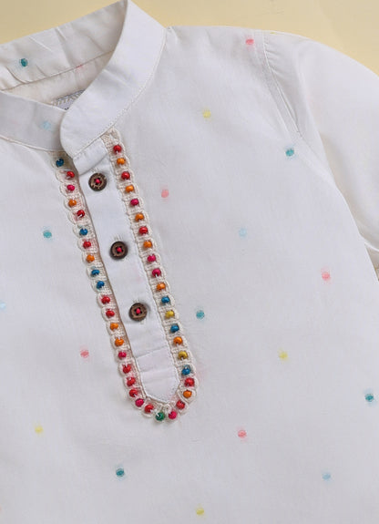 Boys Pure Cotton Woven Multicolour Butta Full Sleeve Super Soft Kurta and Pajama Ethnic Set - White