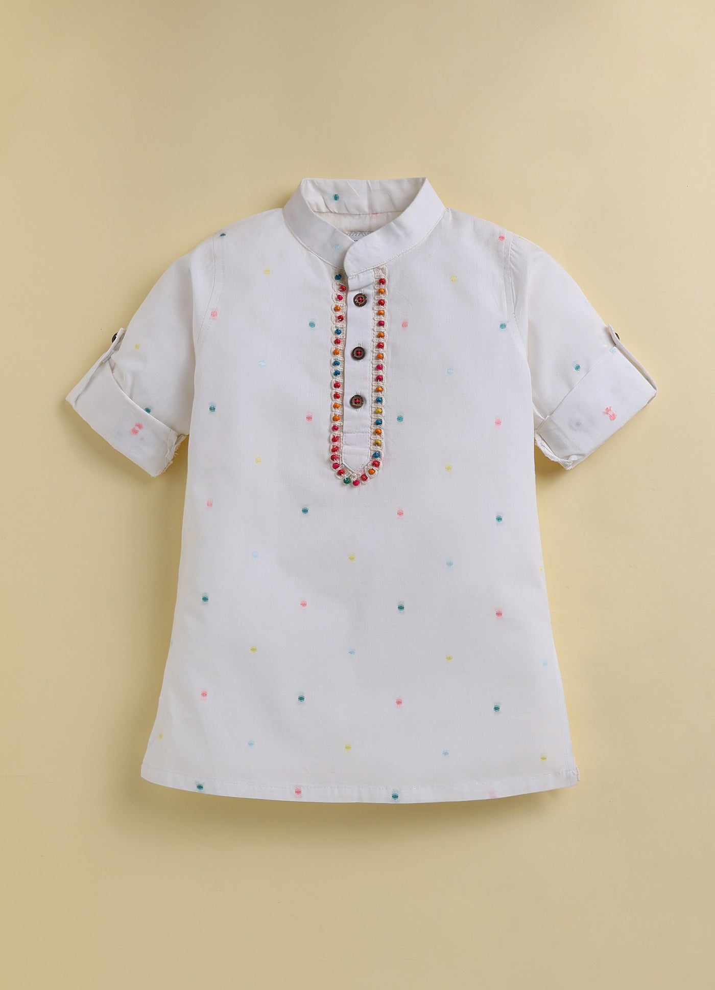 Boys Pure Cotton Woven Multicolour Butta Full Sleeve Super Soft Kurta and Pajama Ethnic Set - White