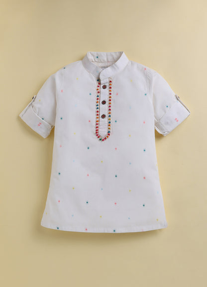 Boys Pure Cotton Woven Multicolour Butta Full Sleeve Super Soft Kurta and Pajama Ethnic Set - White