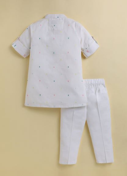 Boys Pure Cotton Woven Multicolour Butta Full Sleeve Super Soft Kurta and Pajama Ethnic Set - White
