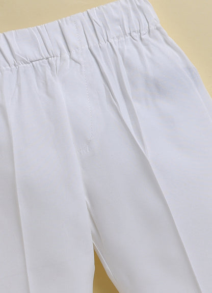 Boys Pure Cotton Woven Multicolour Butta Full Sleeve Super Soft Kurta and Pajama Ethnic Set - White