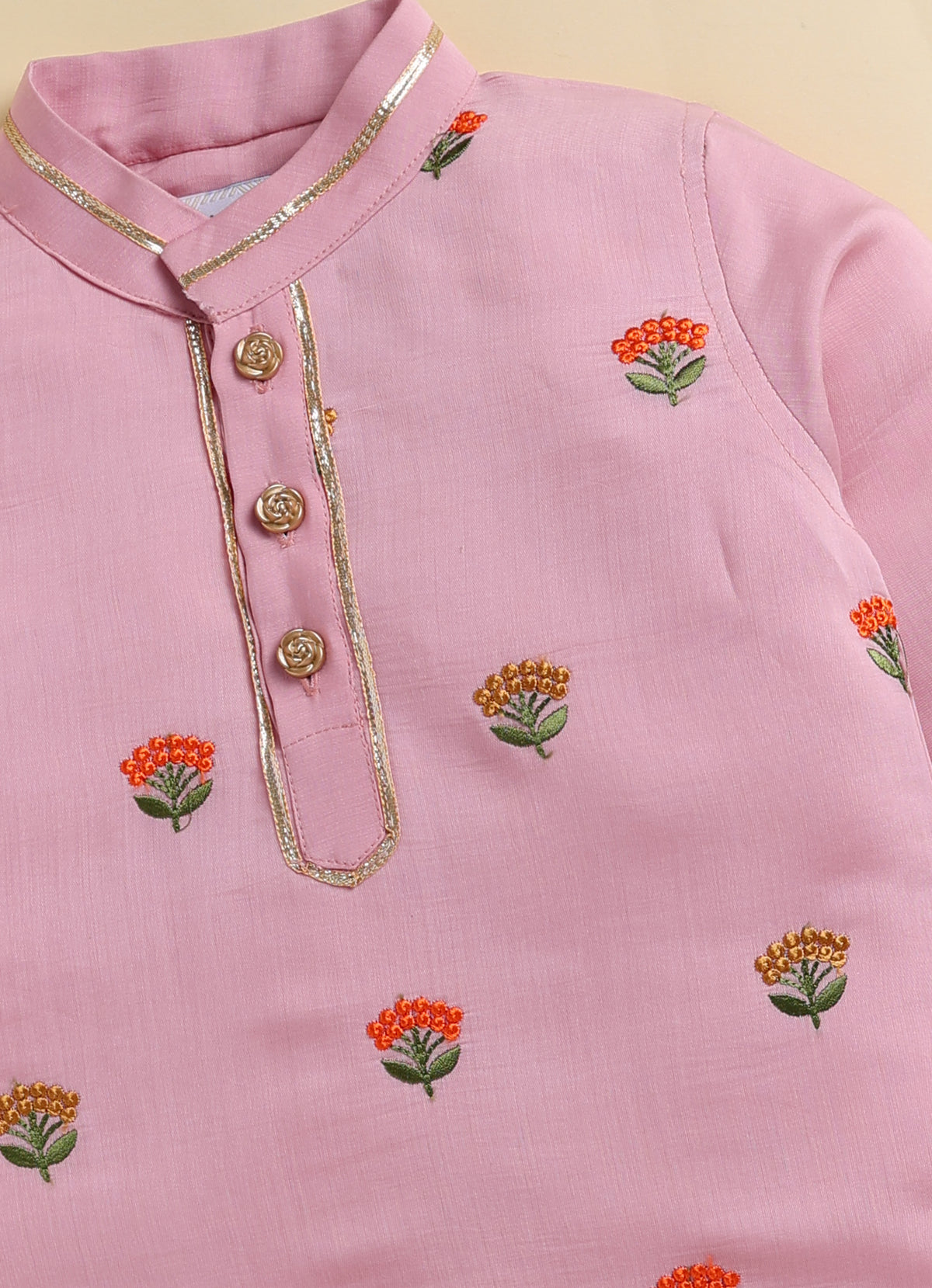 Blended Woven Floral Butti Embroidered Full Sleeves Kurta Pajama Ethnic Set- PINK
