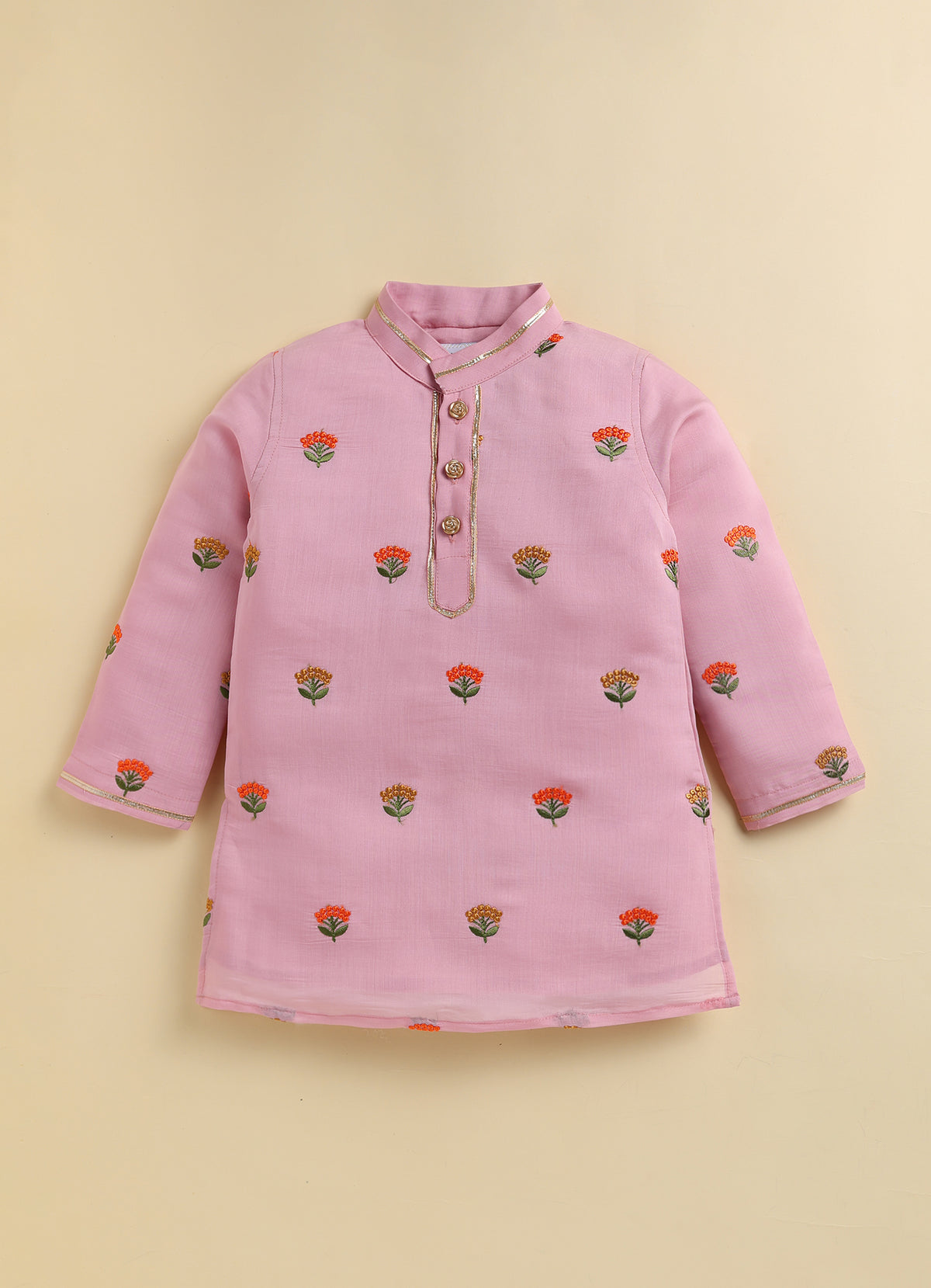 Blended Woven Floral Butti Embroidered Full Sleeves Kurta Pajama Ethnic Set- PINK