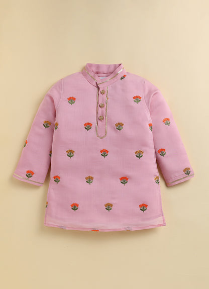 Blended Woven Floral Butti Embroidered Full Sleeves Kurta Pajama Ethnic Set- PINK