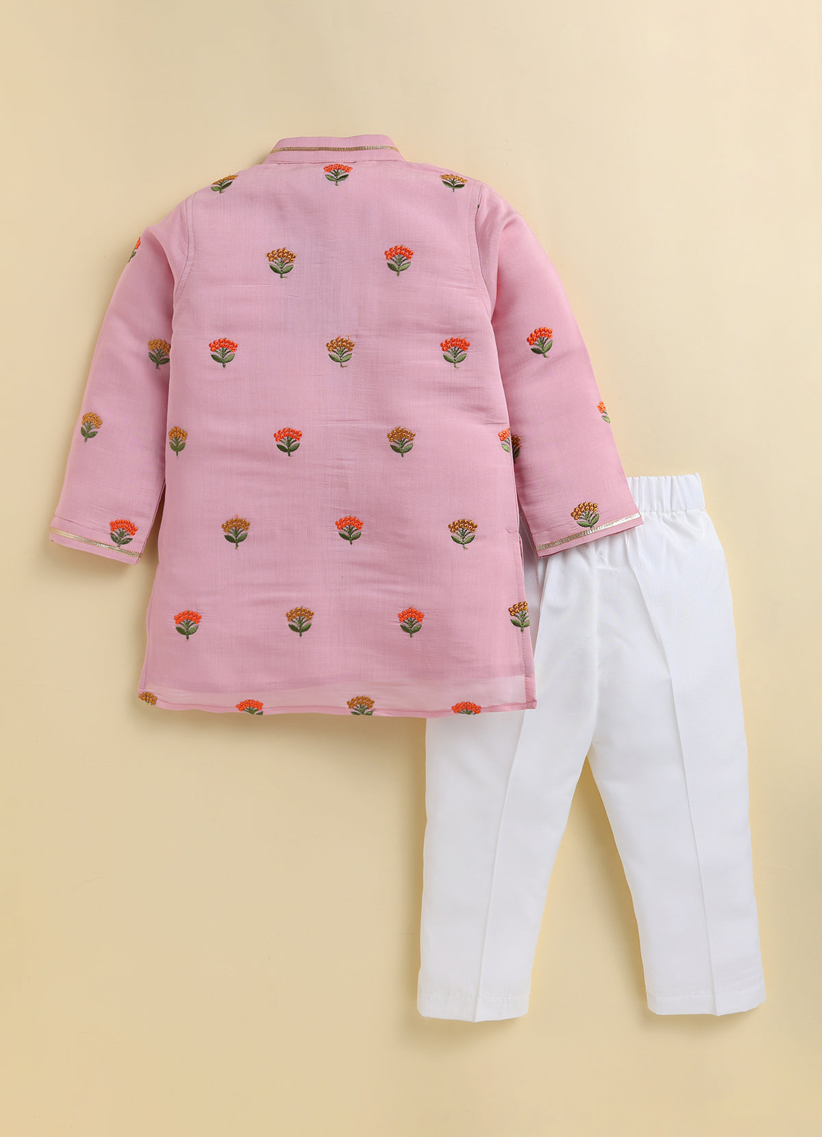 Blended Woven Floral Butti Embroidered Full Sleeves Kurta Pajama Ethnic Set- PINK