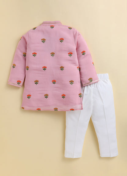 Blended Woven Floral Butti Embroidered Full Sleeves Kurta Pajama Ethnic Set- PINK