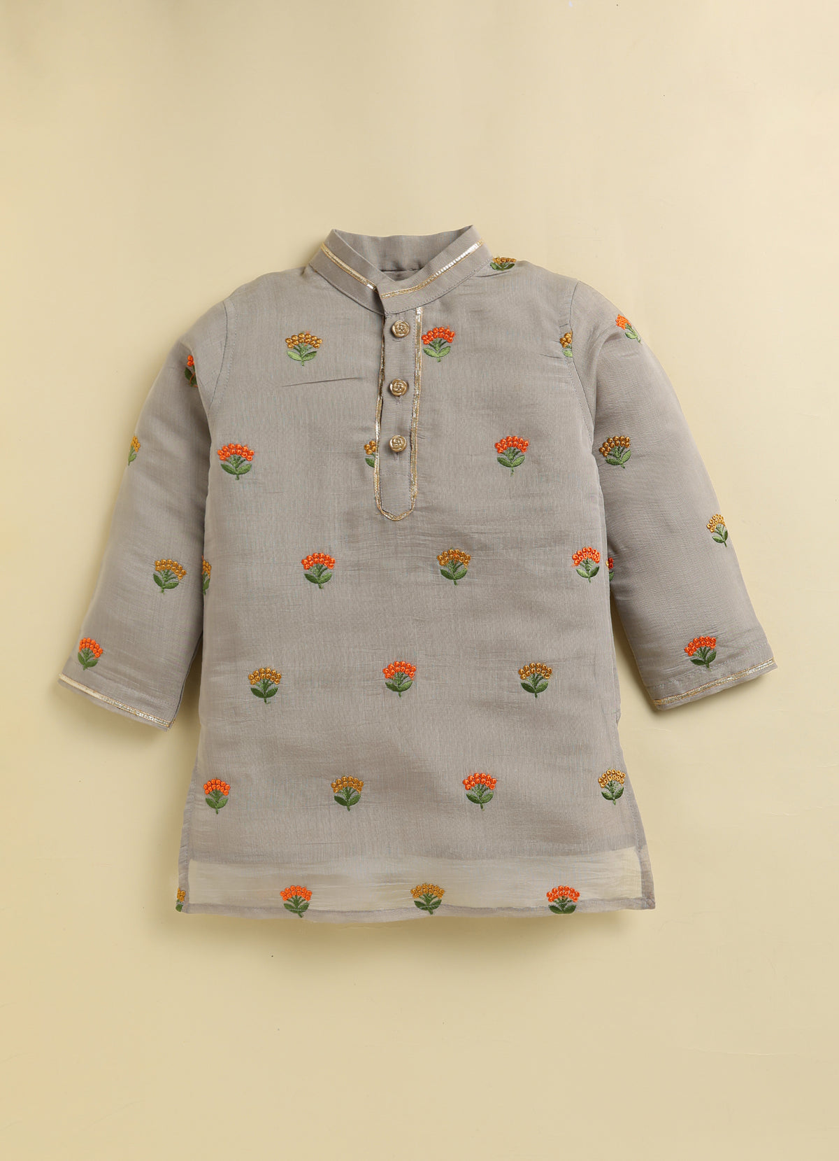 Blended Woven Floral Butti Embroidered Full Sleeves Kurta Pajama Ethnic Set- Earth
