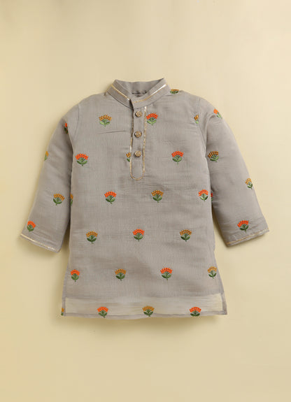 Blended Woven Floral Butti Embroidered Full Sleeves Kurta Pajama Ethnic Set- Earth
