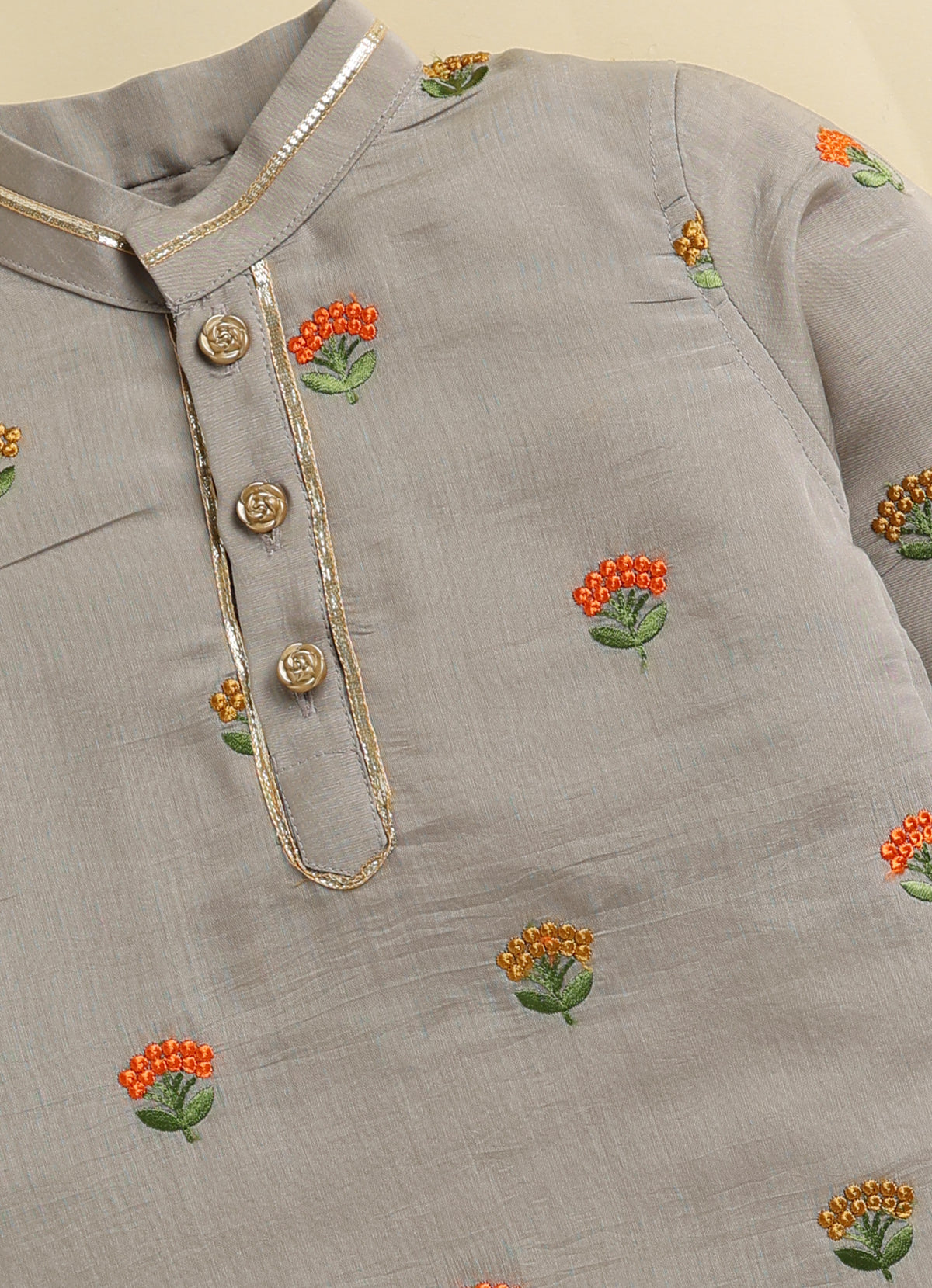 Blended Woven Floral Butti Embroidered Full Sleeves Kurta Pajama Ethnic Set- Earth
