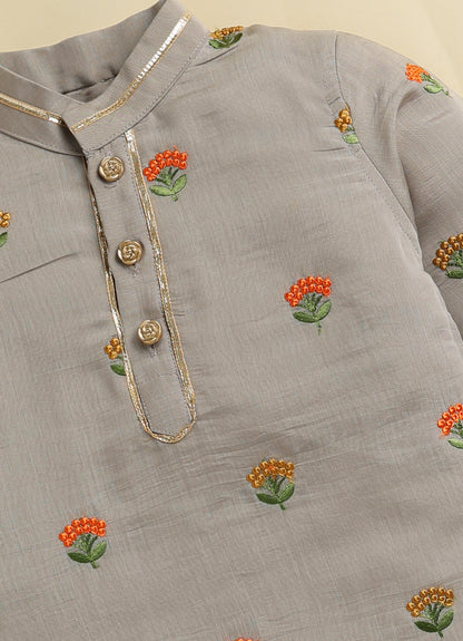 Blended Woven Floral Butti Embroidered Full Sleeves Kurta Pajama Ethnic Set- Earth