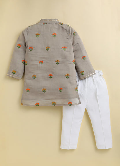Blended Woven Floral Butti Embroidered Full Sleeves Kurta Pajama Ethnic Set- Earth