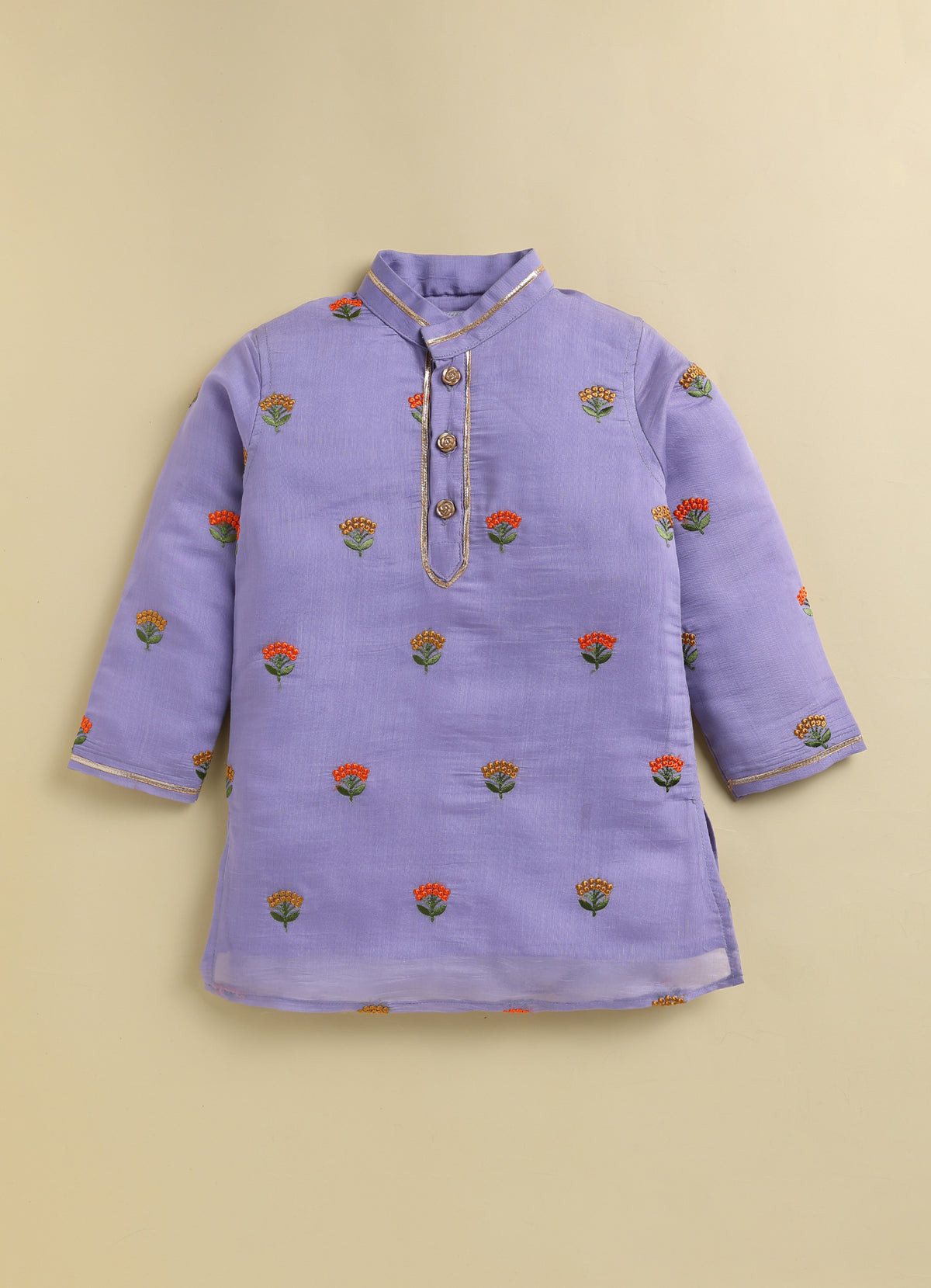 Blended Woven Floral Butti Embroidered Full Sleeves Kurta Pajama Ethnic Set- Purple
