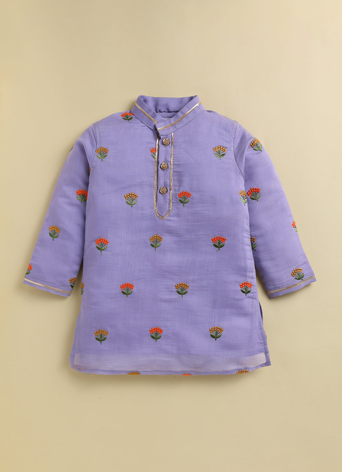 Blended Woven Floral Butti Embroidered Full Sleeves Kurta Pajama Ethnic Set- Purple