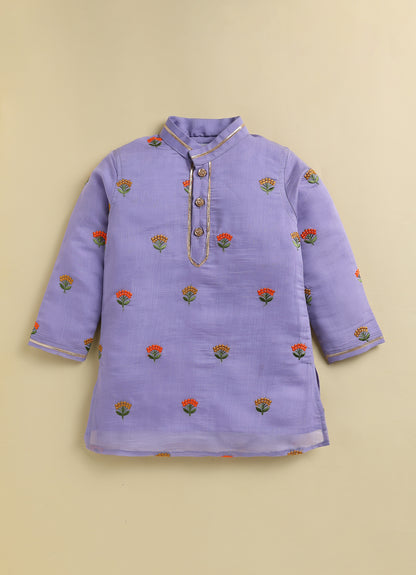 Blended Woven Floral Butti Embroidered Full Sleeves Kurta Pajama Ethnic Set- Purple