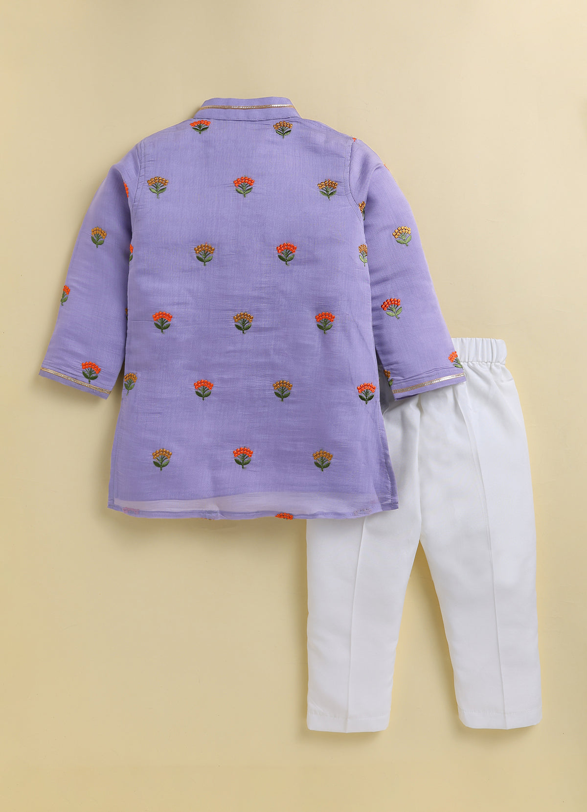 Blended Woven Floral Butti Embroidered Full Sleeves Kurta Pajama Ethnic Set- Purple