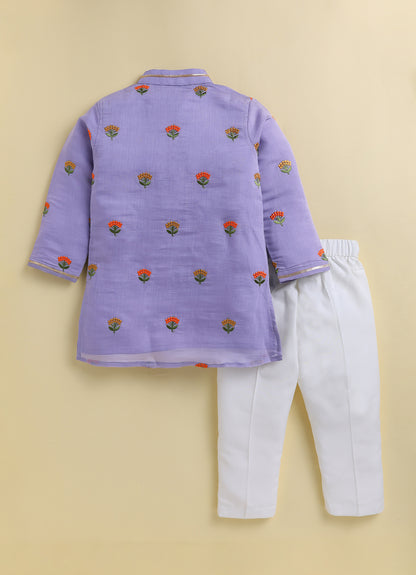 Blended Woven Floral Butti Embroidered Full Sleeves Kurta Pajama Ethnic Set- Purple