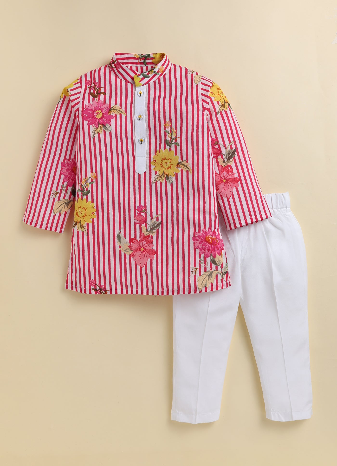 Boys Pure Cotton Jaipuri Floral Printed Full Sleeve Kurta and Pajama Ethnic Set - Pink