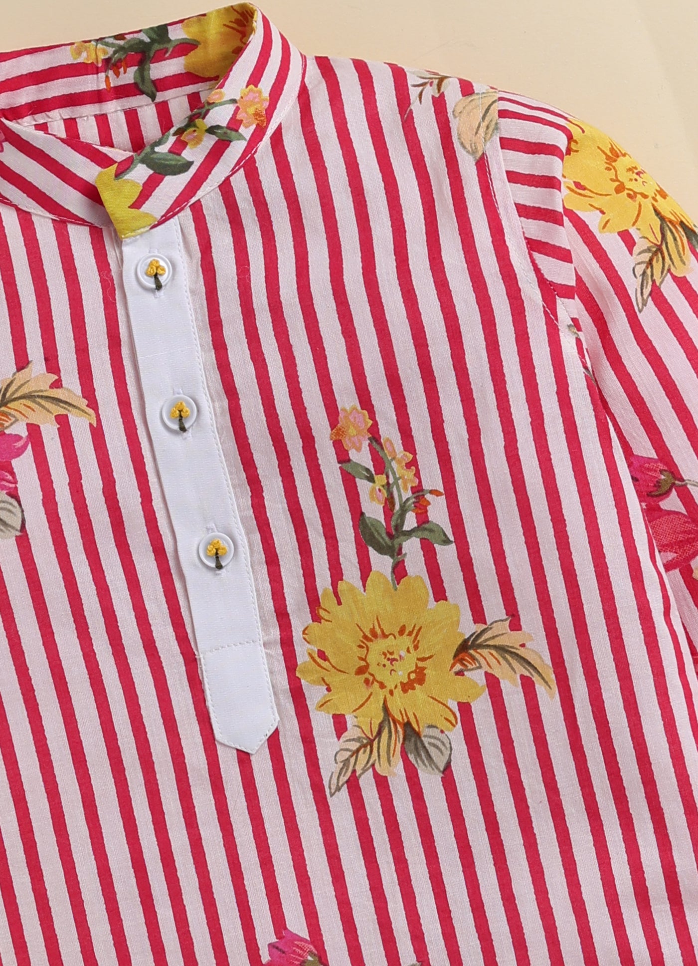 Boys Pure Cotton Jaipuri Floral Printed Full Sleeve Kurta and Pajama Ethnic Set - Pink