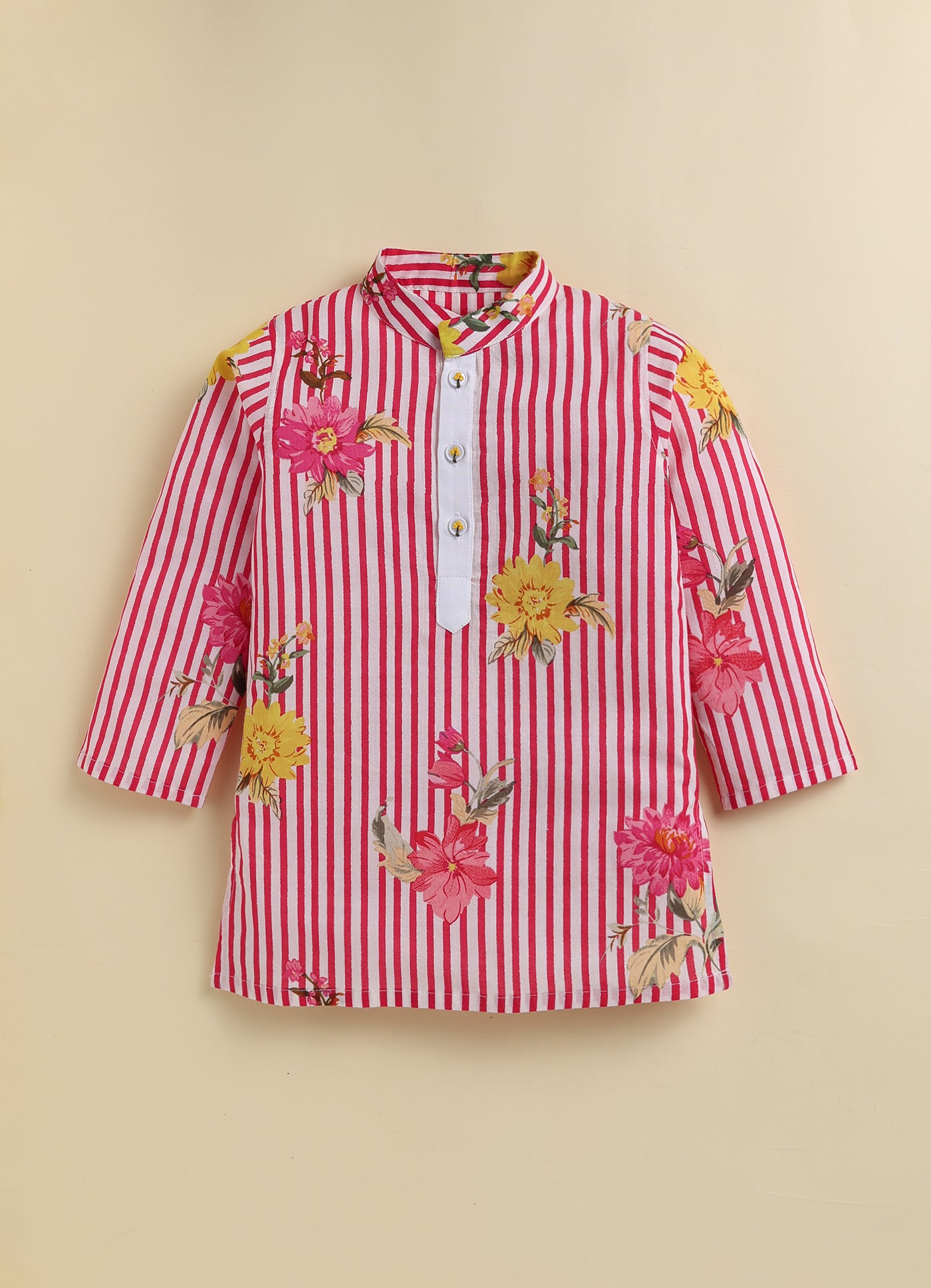 Boys Pure Cotton Jaipuri Floral Printed Full Sleeve Kurta and Pajama Ethnic Set - Pink