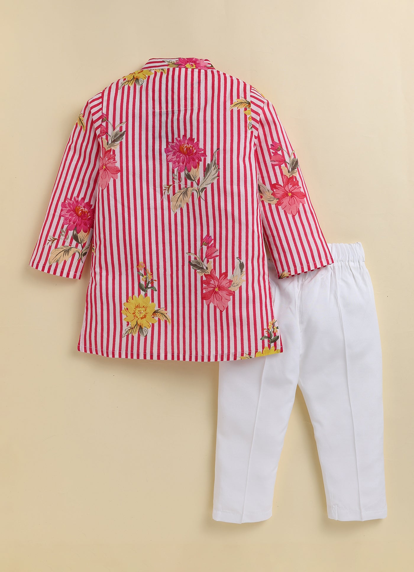 Boys Pure Cotton Jaipuri Floral Printed Full Sleeve Kurta and Pajama Ethnic Set - Pink