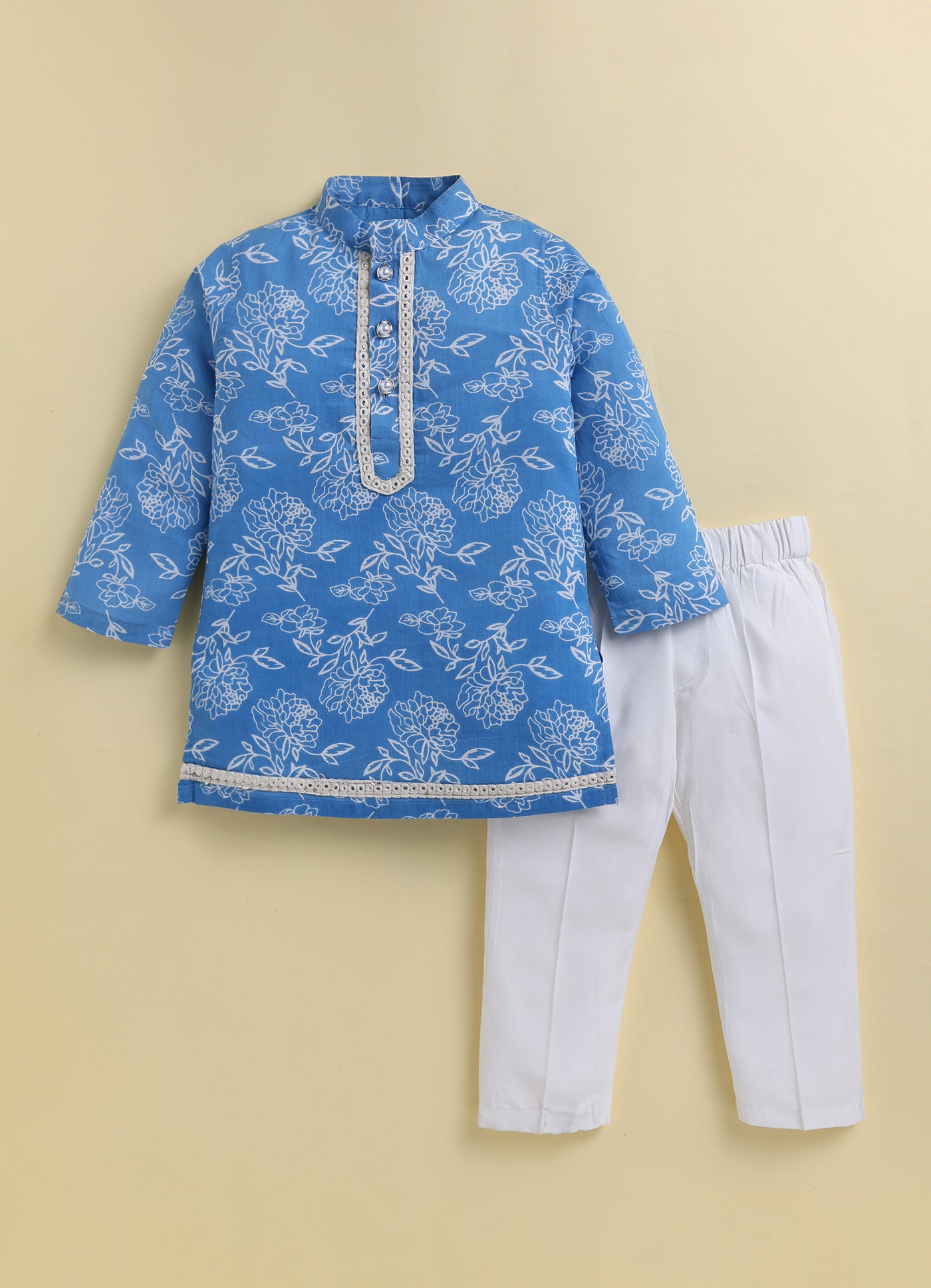 Boys Pure Cotton Woven Super Soft Jaipuri Floral Printed Full Sleeve Kurta and Pajama Ethnic Set - Blue