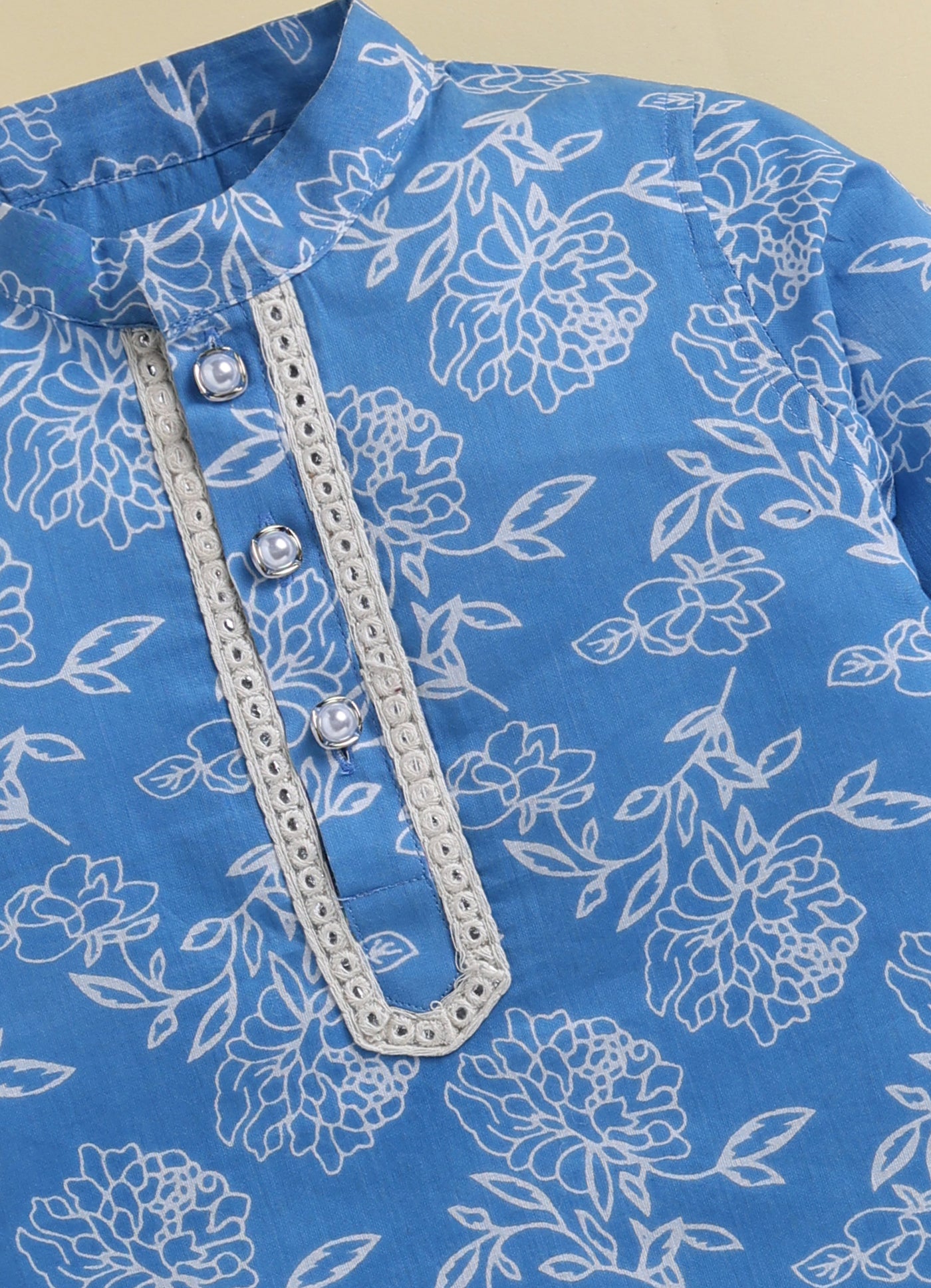 Boys Pure Cotton Woven Super Soft Jaipuri Floral Printed Full Sleeve Kurta and Pajama Ethnic Set - Blue