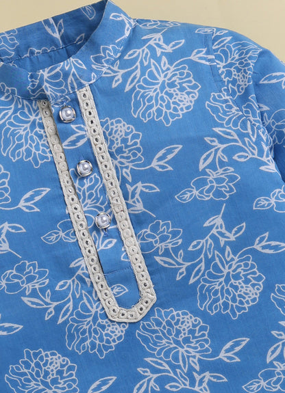 Boys Pure Cotton Woven Super Soft Jaipuri Floral Printed Full Sleeve Kurta and Pajama Ethnic Set - Blue