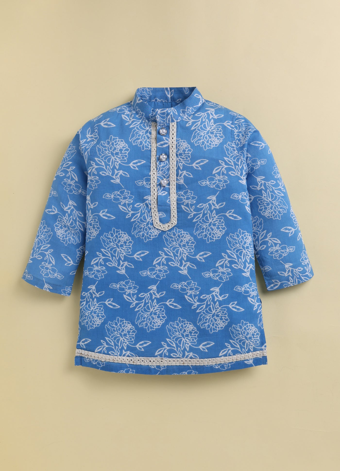 Boys Pure Cotton Woven Super Soft Jaipuri Floral Printed Full Sleeve Kurta and Pajama Ethnic Set - Blue