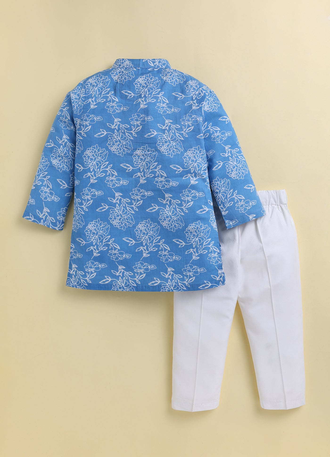 Boys Pure Cotton Woven Super Soft Jaipuri Floral Printed Full Sleeve Kurta and Pajama Ethnic Set - Blue