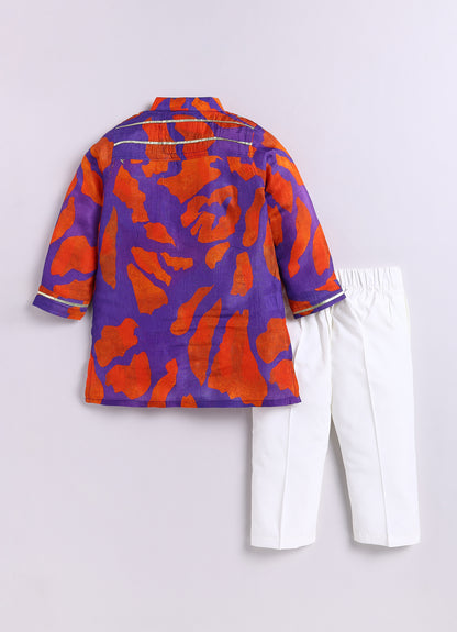 Boys Viscose Gotta Laced Full Sleeve Festive Kurta with exclusive buttons and Pajama Ethnic Set - Purple