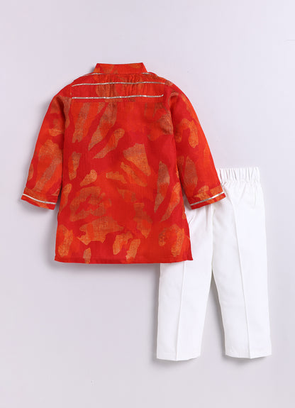 Boys Viscose Gotta Laced Full Sleeve Festive Kurta with exclusive buttons and Pajama Ethnic Set - Red