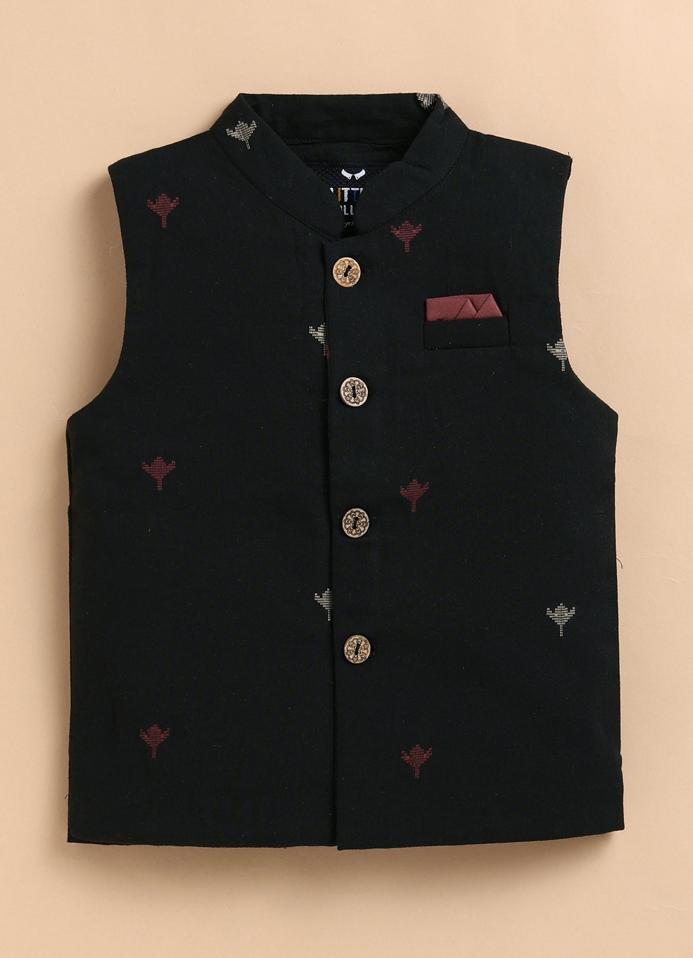 Boys Pure Cotton Woven Butta Fabric Nehru Jacket,Full Sleeve Kurta and Pajama Ethnic Set - Black