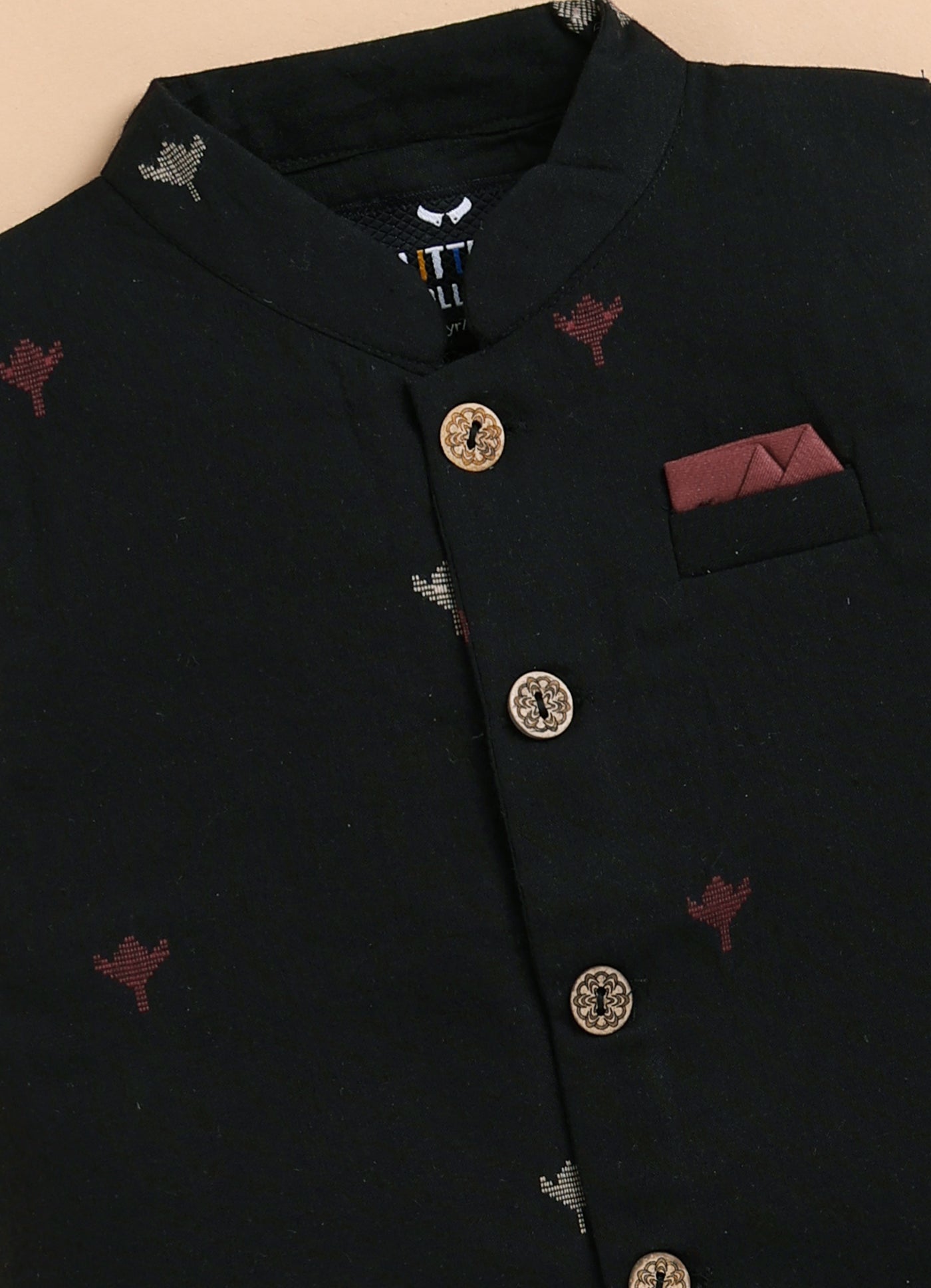 Boys Pure Cotton Woven Butta Fabric Nehru Jacket,Full Sleeve Kurta and Pajama Ethnic Set - Black