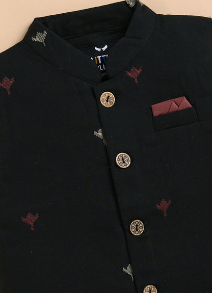 Boys Pure Cotton Woven Butta Fabric Nehru Jacket,Full Sleeve Kurta and Pajama Ethnic Set - Black