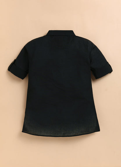 Boys Pure Cotton Woven Butta Fabric Nehru Jacket,Full Sleeve Kurta and Pajama Ethnic Set - Black