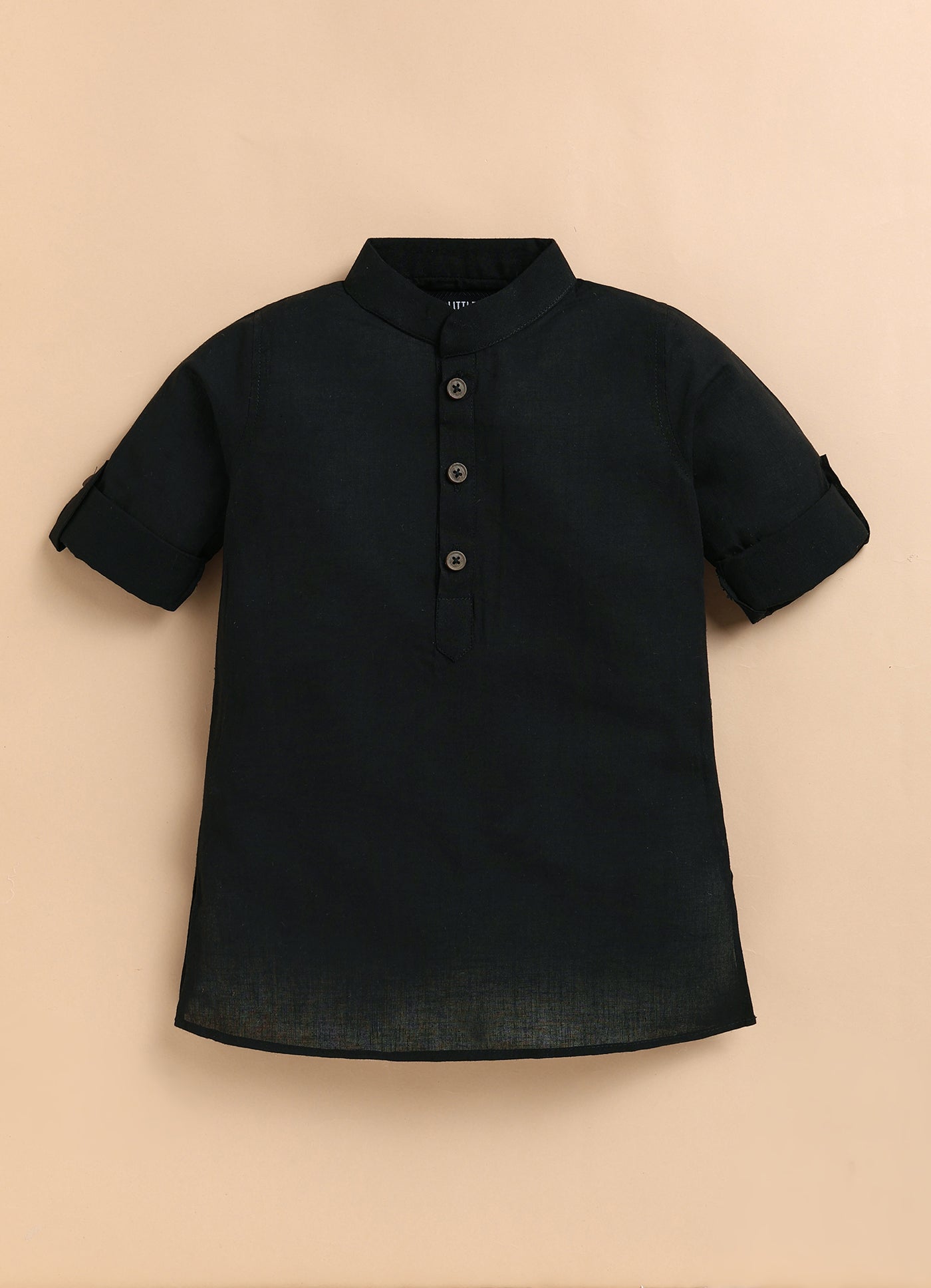 Boys Pure Cotton Woven Butta Fabric Nehru Jacket,Full Sleeve Kurta and Pajama Ethnic Set - Black