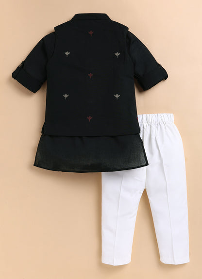 Boys Pure Cotton Woven Butta Fabric Nehru Jacket,Full Sleeve Kurta and Pajama Ethnic Set - Black