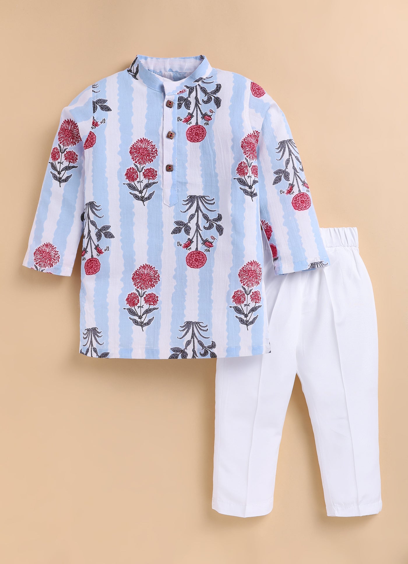 Boys Pure Cotton Jaipuri Floral Printed Full Sleeve Kurta and Pajama Ethnic Set - Sky
