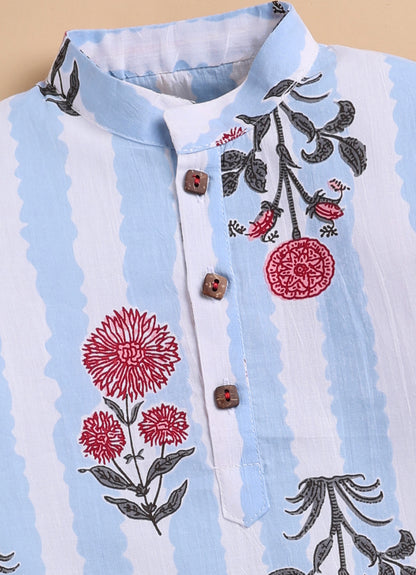 Boys Pure Cotton Jaipuri Floral Printed Full Sleeve Kurta and Pajama Ethnic Set - Sky
