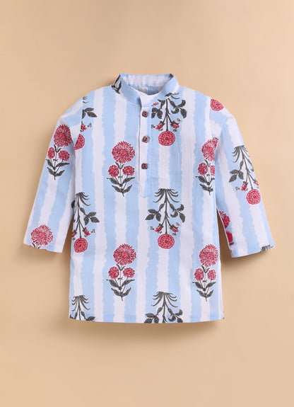 Boys Pure Cotton Jaipuri Floral Printed Full Sleeve Kurta and Pajama Ethnic Set - Sky