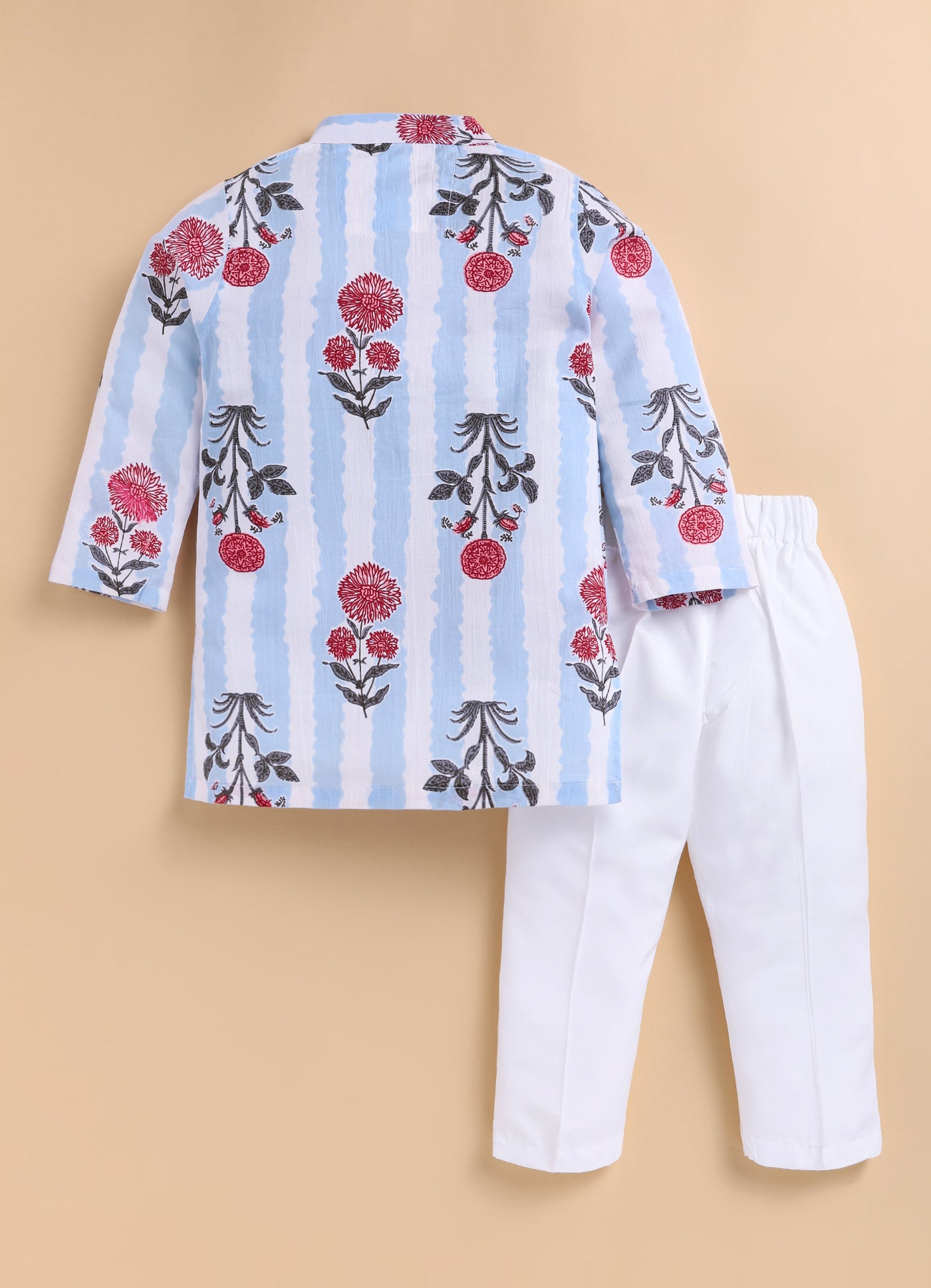 Boys Pure Cotton Jaipuri Floral Printed Full Sleeve Kurta and Pajama Ethnic Set - Sky